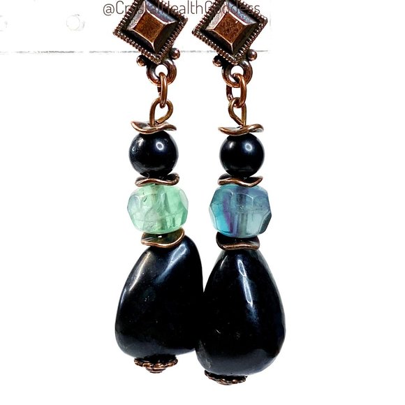 Shungite + Fluorite + Antique Copper Dangle Earrings - Picture 5 of 5